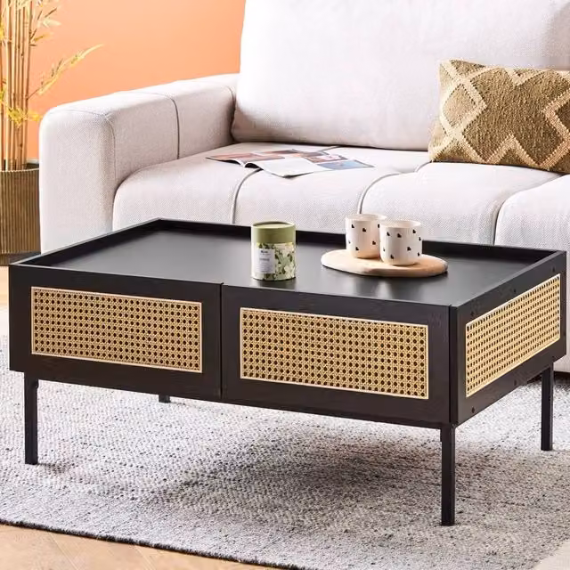 Wyld and Coco Viennese Braid Coffee Table in Black with Wood Top, Iron and Rattan Drawers, W/D/H: 97 x 57 x 42 cm – 1