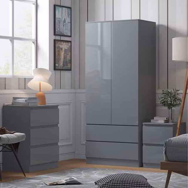 Stora FWStyle Modern High Gloss Grey Combination Wardrobe with 2 Doors and 2 Drawers
