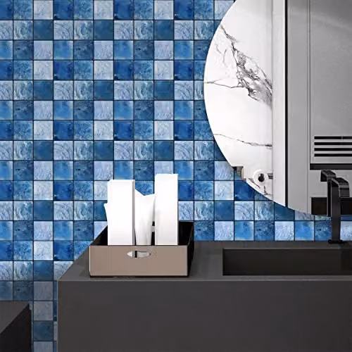 WALPLUS 24-Piece Blue and Black Mother of Pearl Mosaic Wall Tile Sticker Set, Glossy Aluminium Film Peel and Stick Backsplash Decals for Kitchen and Bathroom, W/D/H: 15 x 15 x 0.54 cm – 4
