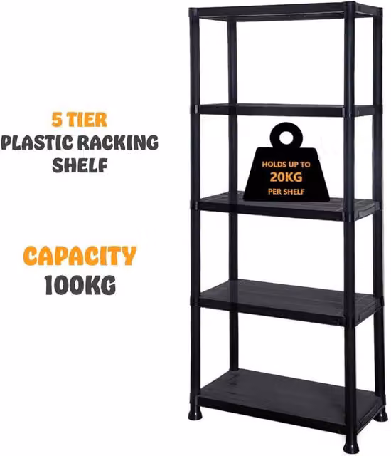 SPETLEK 5 Tier Plastic Home Storage Shelving Unit in Black, W/D/H: 50 x 50 x 100 cm – 1