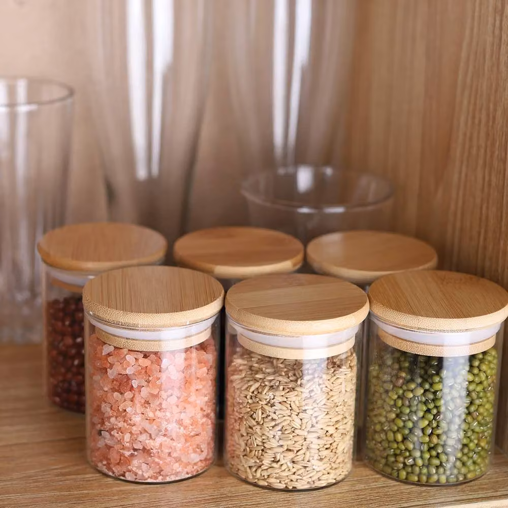 Living and Home 10-Piece Glass Storage Jar Set with Bamboo Lids and Measuring Spoons in Beige – 7