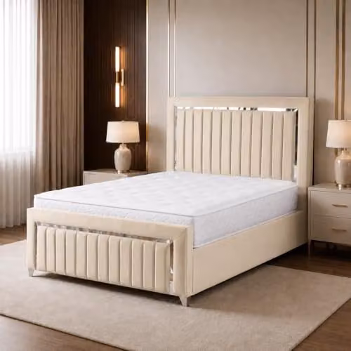 Living Comfort Bedz Zurich Plush Velvet Bed in Cream with Silver Trim and Vertical Lined Headboard and Footboard, 6FT Super King, W/D/H: 200 x 190 x 122 cm – 1