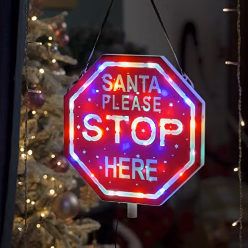 The Christmas Workshop Santa Please Stop Here Sign with 45 Multicoloured Lights, Red and White, 1m – 2