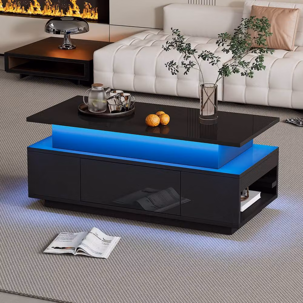 Merax High Gloss LED Lift Top Coffee Table with Hidden Storage and Drawer in Black, W/D/H: 120 x 60 x 45 cm – 3