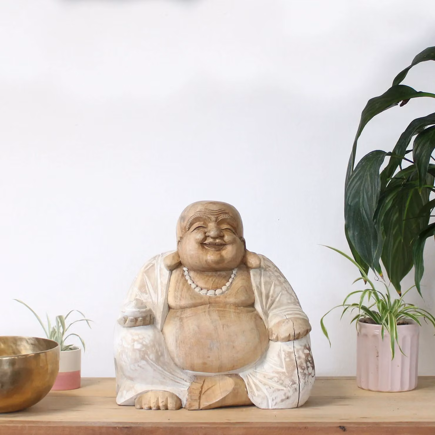 KDMD Happy Buddha Ethnic Tabletop Ornament, Brown Whitewash Wood, Height: 30 cm – 2