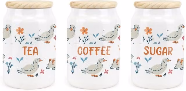 Purely Home Ducks & Flowers Ceramic Tea, Coffee & Sugar Storage Canister Set - White Floral