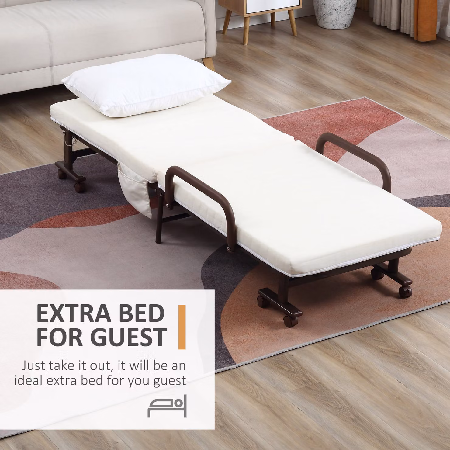 HOMCOM Brown Folding Bed with 8cm Mattress and Adjustable Backrest on Metal Wheels – 3