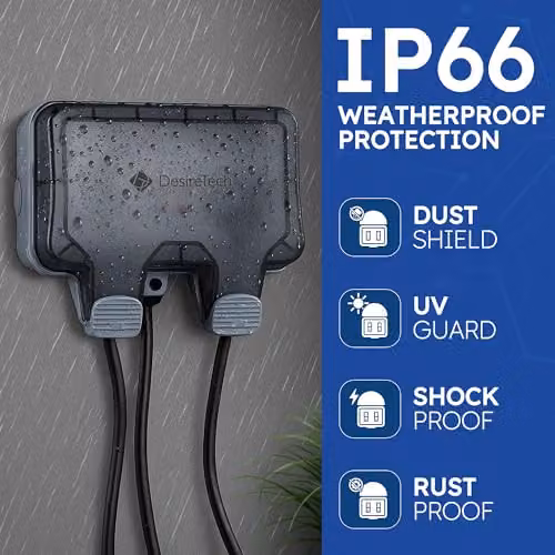 Desiretech IP66 Waterproof Outdoor Double Switched Socket with 3m Cable in Grey – 2