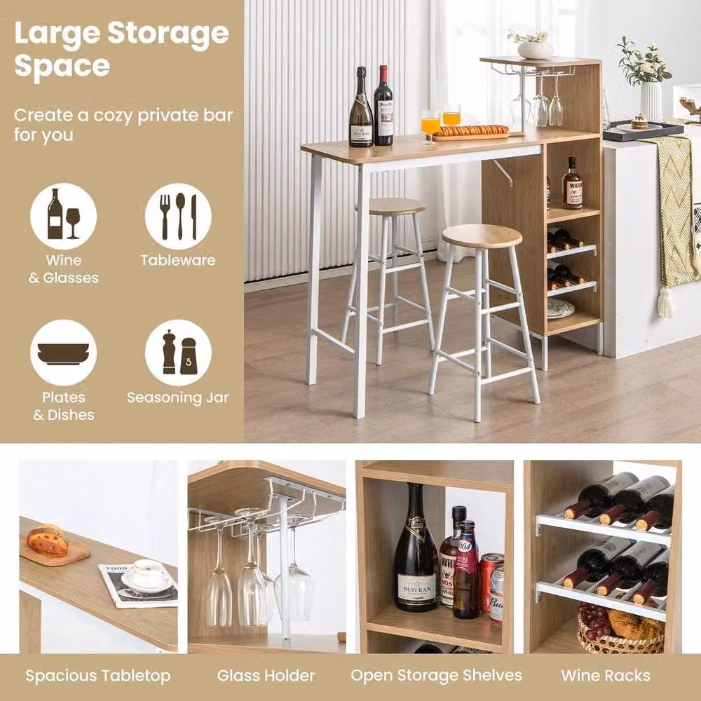 VOGREX 3-Piece Industrial Bar Dining Set with Rectangular Wood Table, 2 Stools and Wine Rack in Brown – 3