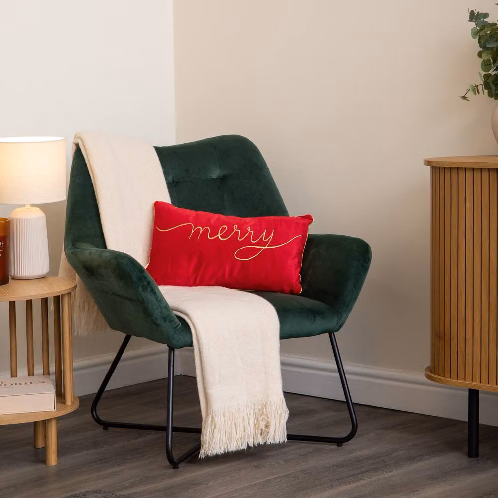 Samuel Alexander Red Merry Christmas Rectangular Cushion with Gold Lettering and Trim, Width: 49 cm – 2
