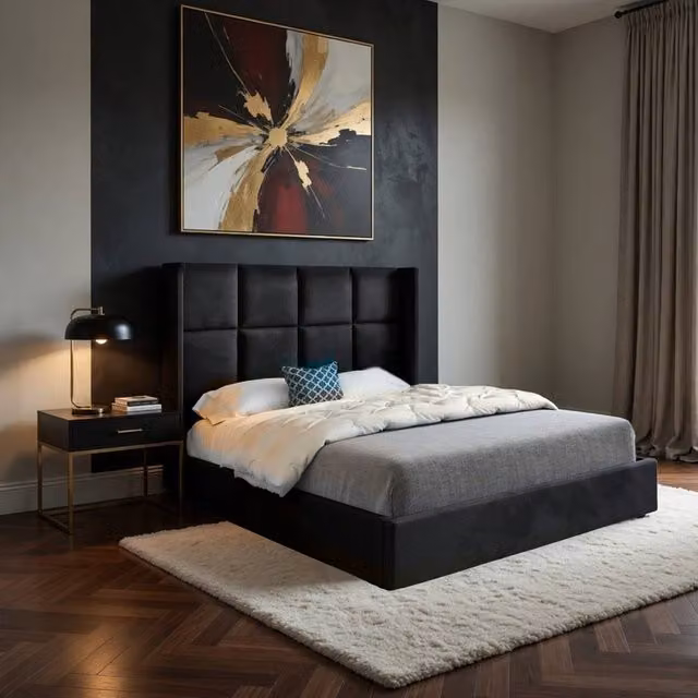 Casani Robertsbridge Upholstered Velvet Designer Bed Frame in Black, W/D/H: 137 x 120 x 200 cm – 1