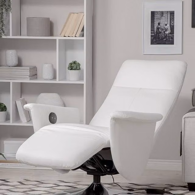 Wyld and Coco White Faux Leather Reclining Armchair with Pull-out Ottoman – 1