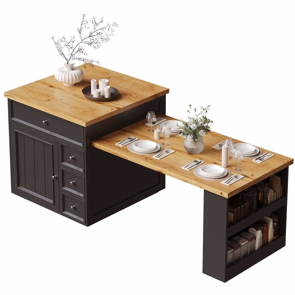 Merax Modern Extendable Kitchen Island Dining Table in Black, W/D/H: 120 x 70 x 94 cm to 184 x 70 x 94 cm – 8