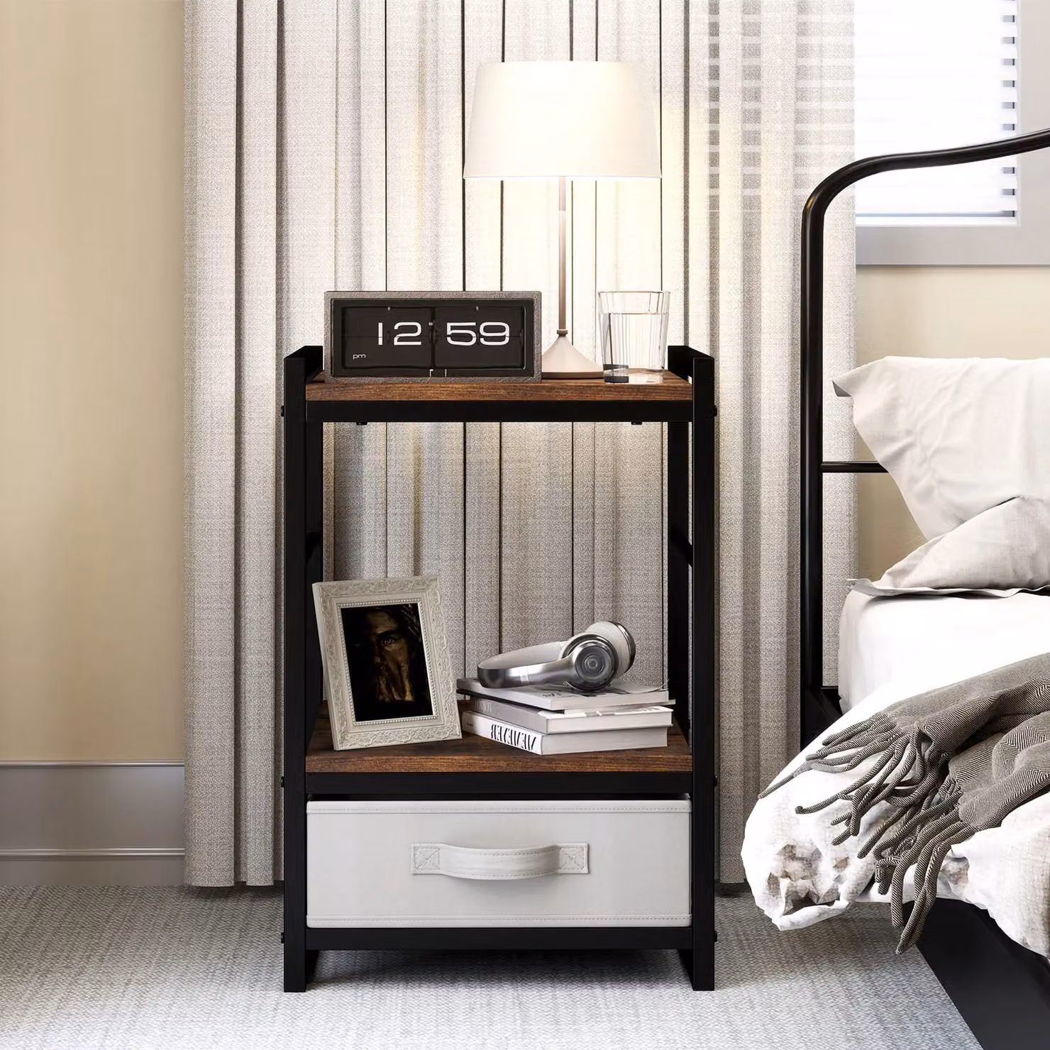 Costway Bedroom Nightstand Bedside Table with Fabric Drawer and Open Shelf in Brown and Black – 3