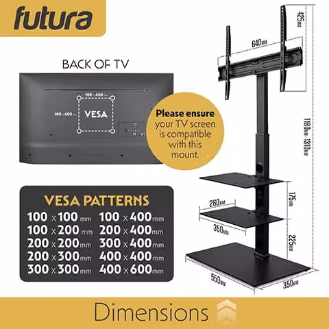 Futura Modern Black Floor TV Stand with Media Compartments and Integrated Cable Channel – 3