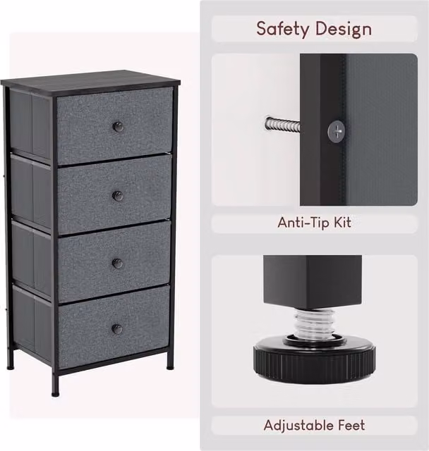 SPETLEK 4 Drawer Fabric and Metal Chest of Drawers in Dark Grey and Black