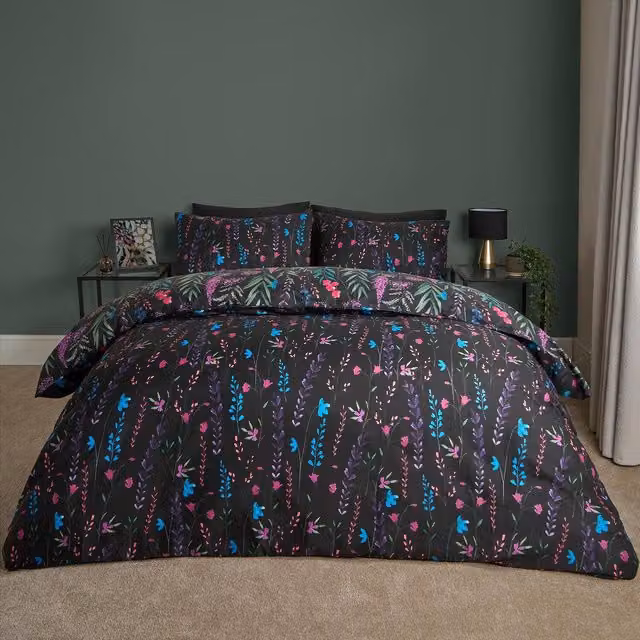 OHS Botanical Floral Duvet Cover Set, Black, Blue, Pink and Green, 90 x 200 cm