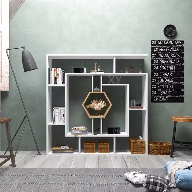Labrina Modern Geometric Wall Mounted Bookshelf in White and Yellow, W/D/H: 134 x 23 x 31.8 cm