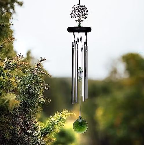 Woodstock Chimes Tree of Life Wind Chime in Silver and Black with Bird and Leaf Details – 6