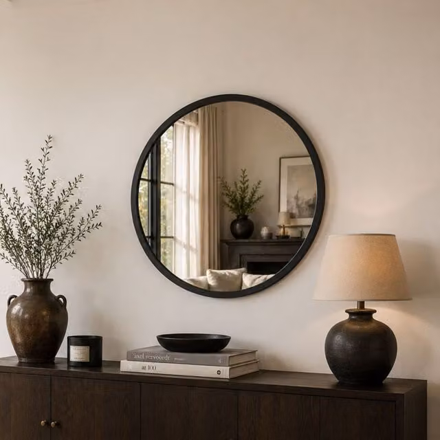 Yearn Modern Round Glass Wall Mirror in Black, Diameter: 110 cm