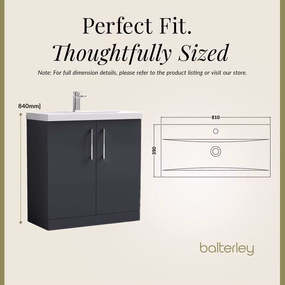 Balterley Modern Bathroom Floor Standing Vanity Unit with 2 Soft Close Doors and Rectangular Mid-Edge Basin, Dark Grey, W: 80 cm, D: 39 cm, H: 84 cm – 5