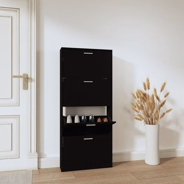 Berkfield Home Black Modern Shoe Cabinet with Tilting Compartments and Internal Drawers, W: 59 cm, D: 17 cm, H: 150 cm