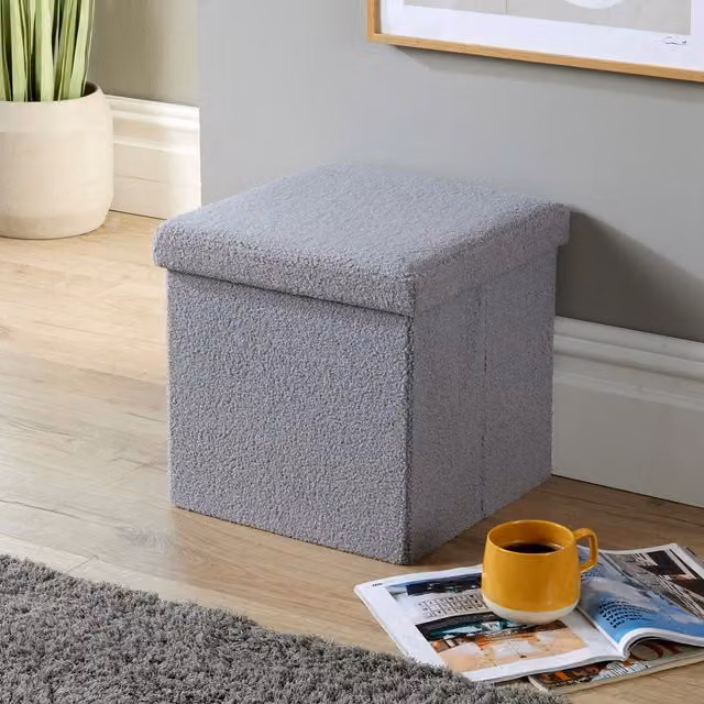 Home Source Folding Ottoman in Grey Boucle Teddy Bear Fabric, W/D/H: 38 x 38 x 38 cm – 1