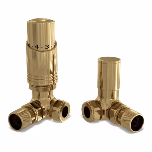 UK Radiators Talus Bold Angled Thermostatic Radiator Valve and Lockshield Set in Polished Brass and Gold – 1