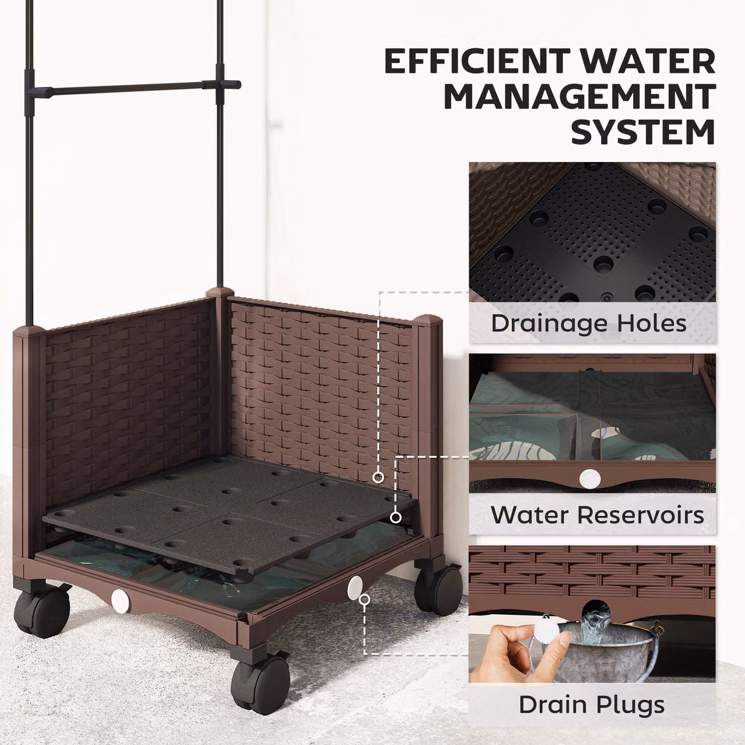 Outsunny Brown Raised Garden Bed with Trellis and Lockable Wheels, Self-Watering Plastic WPC Planter Box with Drainage Holes – 5