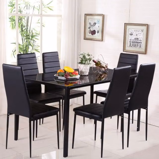 Livingandhome Modern Rectangular Tempered Glass Dining Table and 6 Faux Leather Chairs Set in Black
