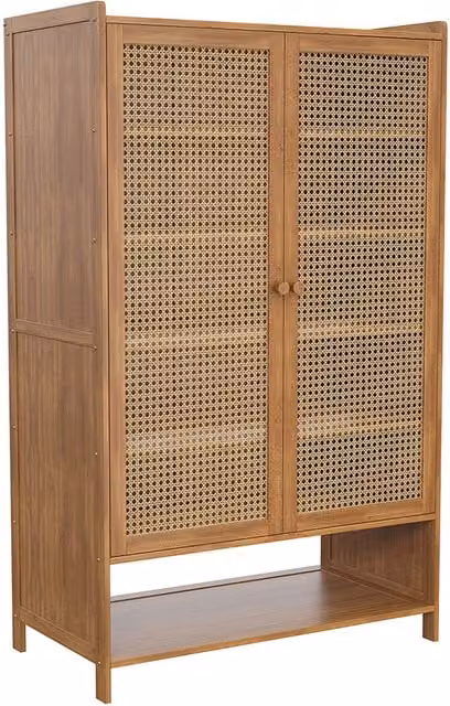 Livingandhome Brown Bamboo Shoe Storage Cabinet with Hinged Doors and Open Shelves