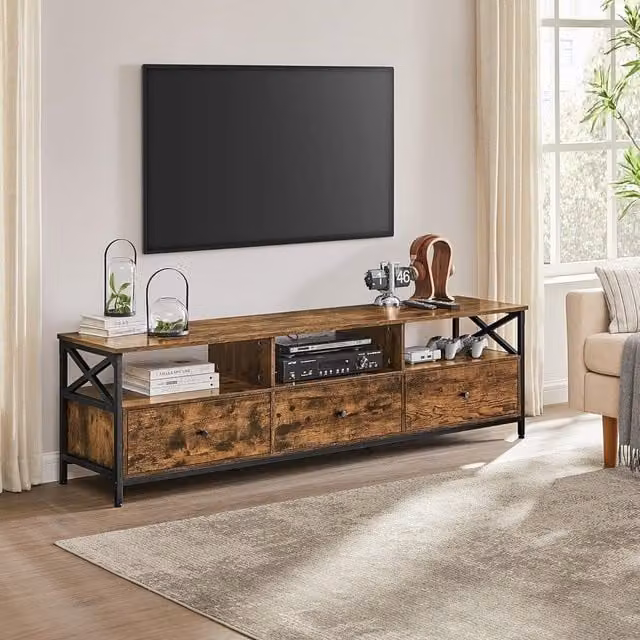 VASAGLE Extra Large Industrial TV Stand Cabinet with 3 Drawers and 3 Open Shelves in Brown