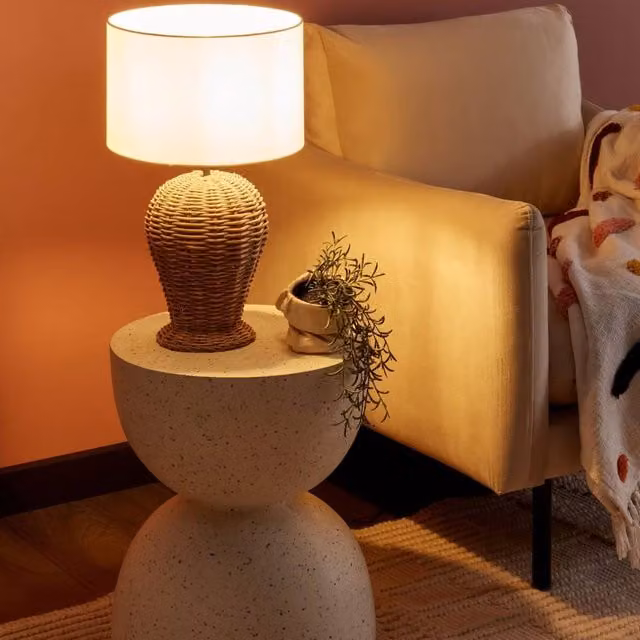 Wyld and Coco Rattan Table Lamp with White Fabric Shade, Natural Finish, W/D/H: 30 x 30 x 49 cm – 1