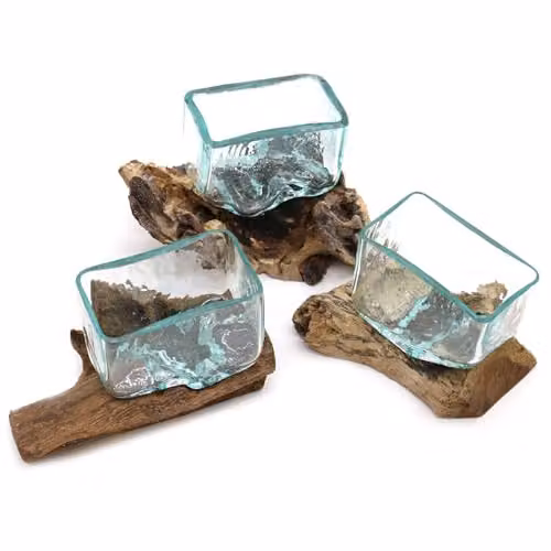 Serenityy Modern Molten Glass Tabletop Bowl on Wood Stand in Blue or Pink – 2