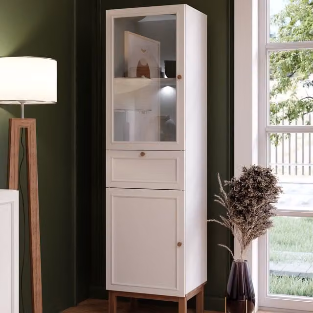 Furniture To Go Wensley Modern Display Cabinet with Integrated LED Lights and Glass Doors in Light Grey