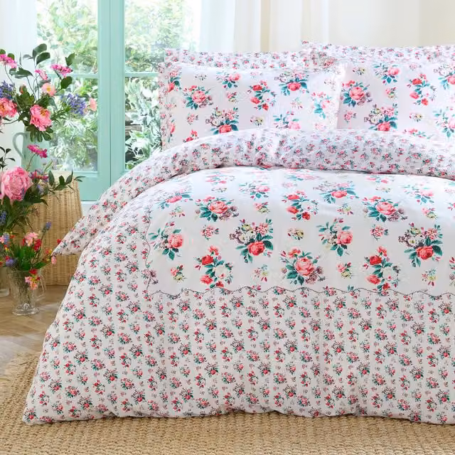 Cath Kidston Icon Floral Cotton Percale Duvet Cover Bedding Set in Multicolour and Pink