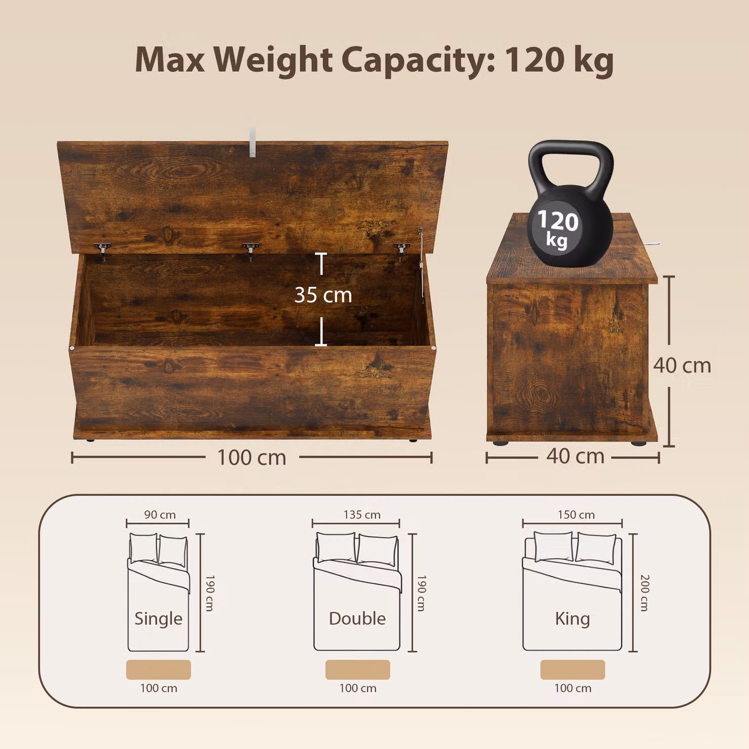 HOMCOM 113L Storage Chest in Brown with Flip-Top Lid, W/D/H: 100 x 40 x 40 cm – 3