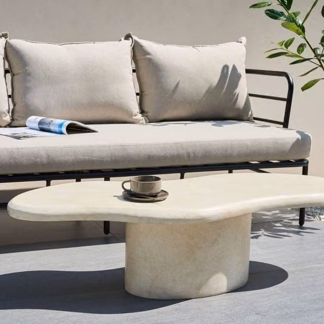 Wyld and Coco Accent MgO Coffee Table in White and Beige, Weatherproof Outdoor Boho Modern Design – 1