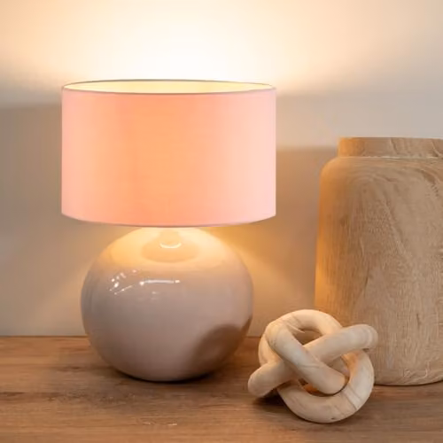 ValueLights Stone Ceramic Table Lamp with Blush Pink Fabric Drum Lampshade and LED Bulb – 2