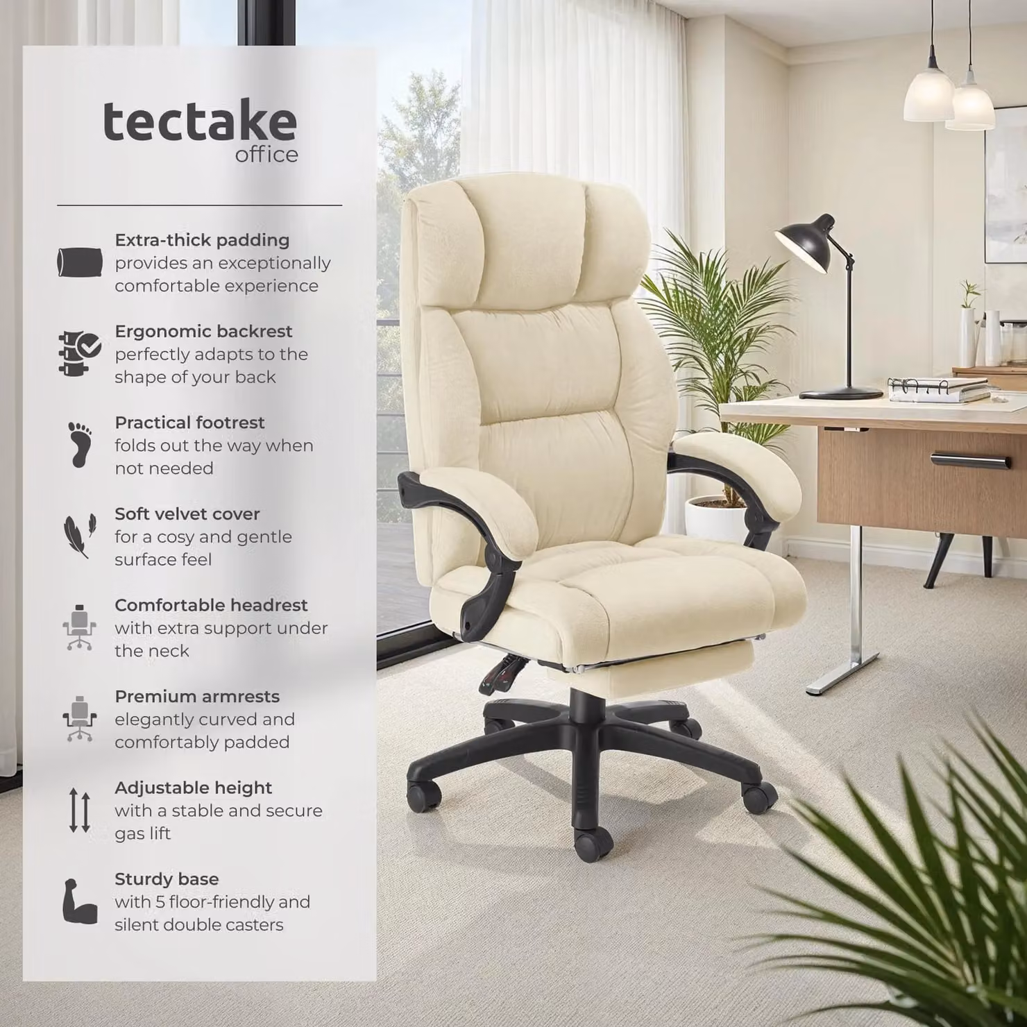 tectake Gillian Modern Velvet Office and Gaming Chair in Beige with Headrest, Armrests and Height Adjustment – 2