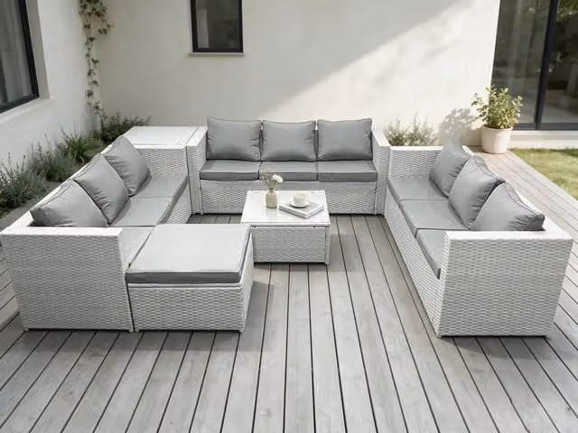 Fimous Grey U-Shape PE Rattan Garden Furniture Set with 3-Seater Sofa, Coffee Table and Ottoman