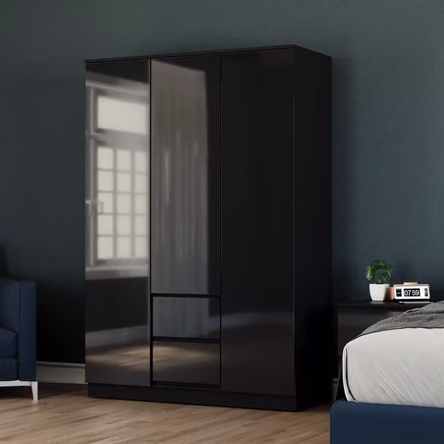 Vida Designs Glinton Modern Glossy Black 3 Door 2 Drawer FSC Wardrobe