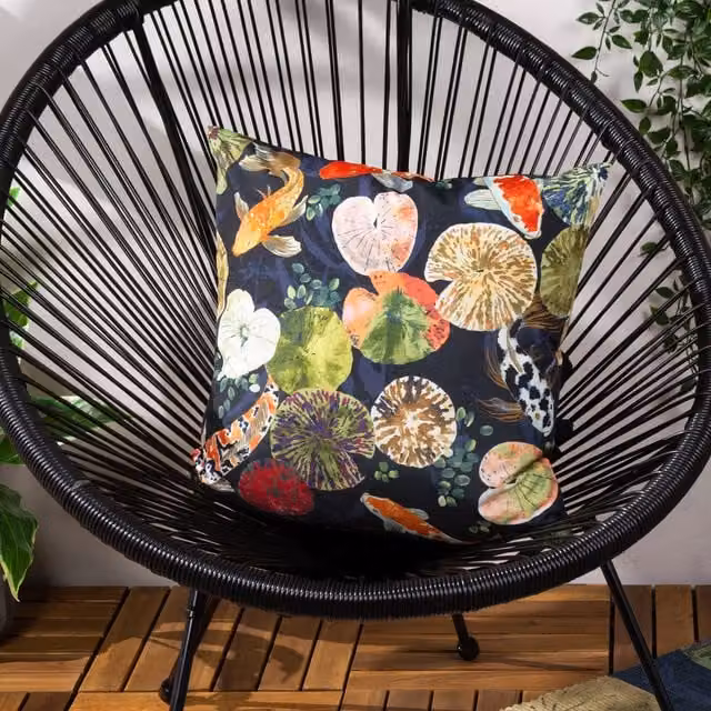 Terrys Koi Pond Outdoor Filled Square Cushion, Blue and Black, W/D/H: 43 x 43 x 43 cm