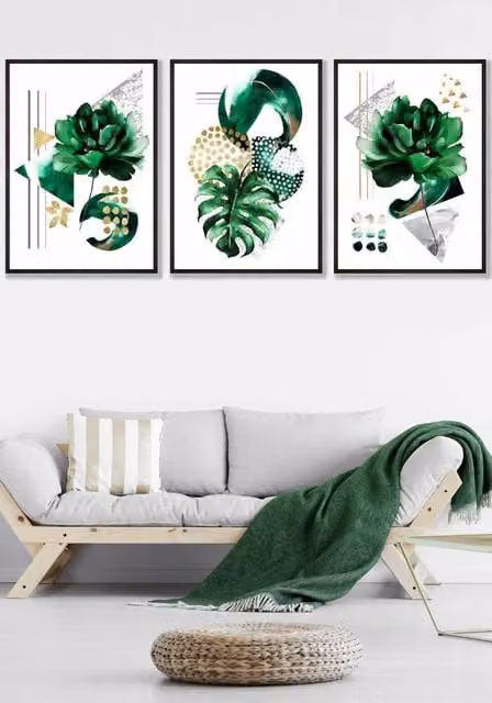 ARTZE Abstract Green Gold Botanical Framed Wall Art in Black, W: 53 cm, H: 73 cm, D: 0.2 cm