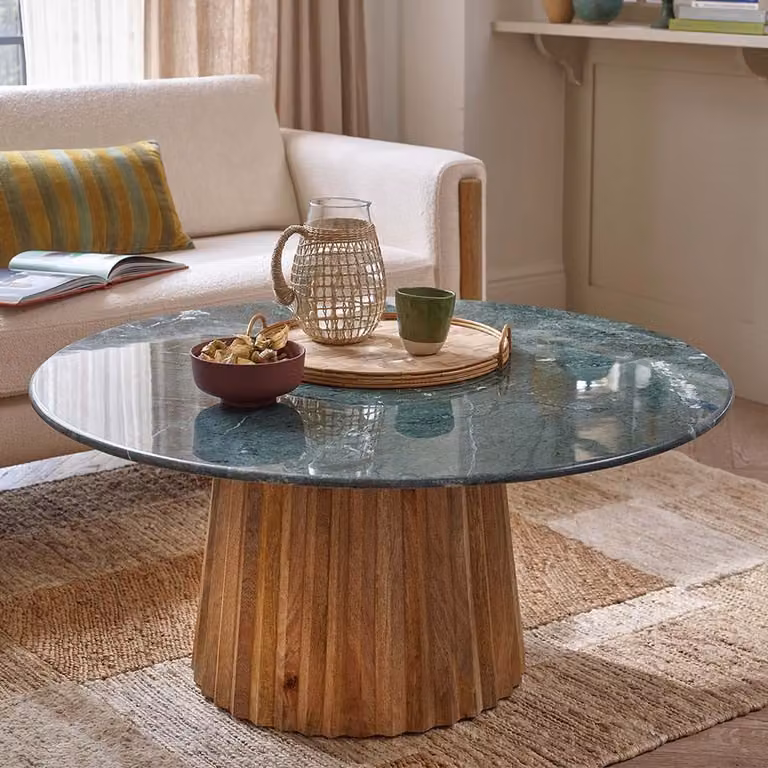 Atkin and Thyme Westbourne Round Marble and Mango Wood Coffee Table in Green and Brown