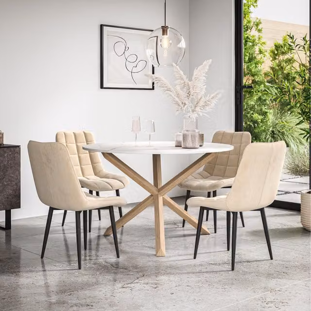 More4Homes Malvern Round Marble Effect Dining Table Set with 4 Nova Velvet Chairs in Beige and Oak