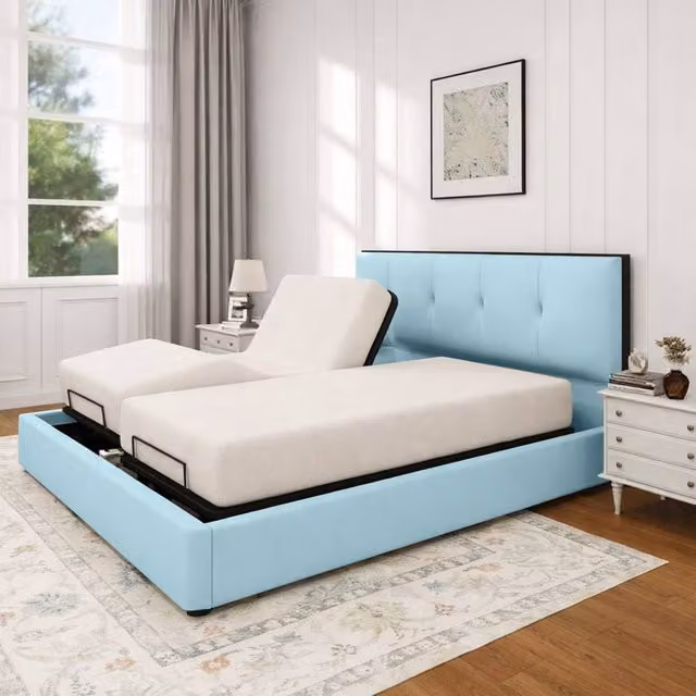 Paradise Beds Ltd Heavy Duty Adjustable Mobility Bed with Foam Mattress and 24 inch Headboard, Light Blue, Super King, W/D/H: 200 x 200 cm