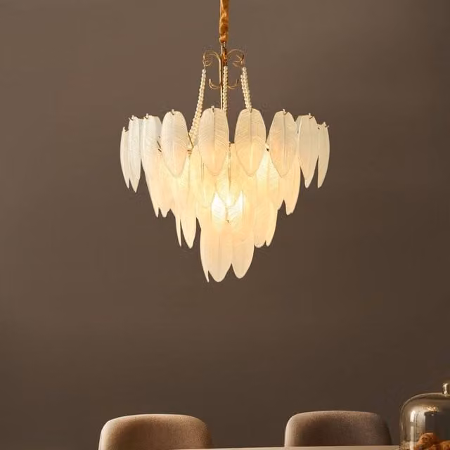 Wyld and Coco Brass Chandelier Pendant with Frosted Glass Leaves and Pearl Beading in Bronze and Gold, Diameter: 60 cm
