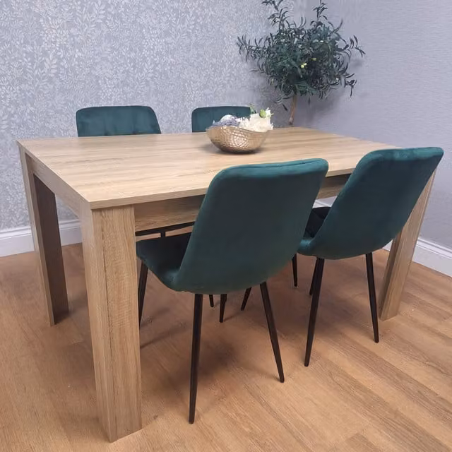 Kosy Koala Modern Dining Set with Rectangular Oak Table and 4 Green Velvet Chairs