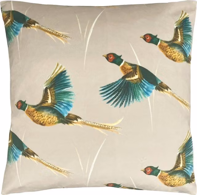 Make it a Home Country Flying Pheasants Square Velvet Cushion in Multicolour with Feather Filling